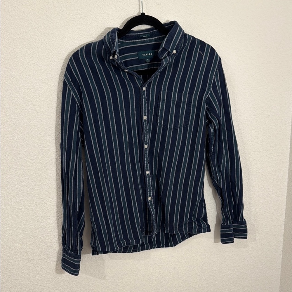 Blue, Green, and White Casual Button Down Shirt with Vertical Stripes